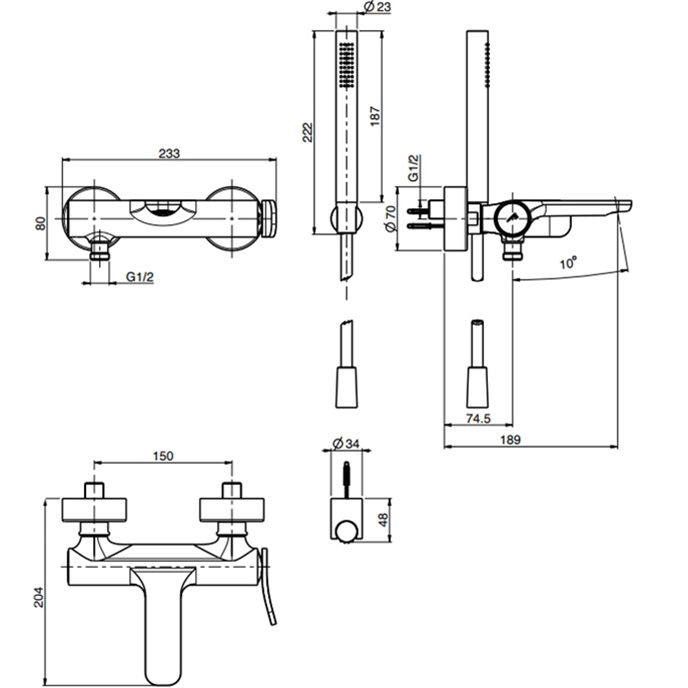 Смеситель для ванны настенный Fima Carlo Frattini Flo F3804NS (черный матовый), с изливом