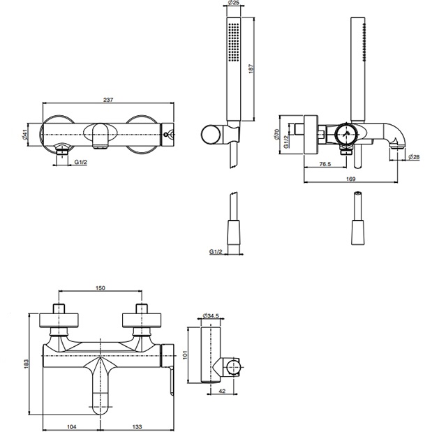Смеситель для ванны настенный Fima Carlo Frattini Snap F3114/1NS (черный матовый), с изливом