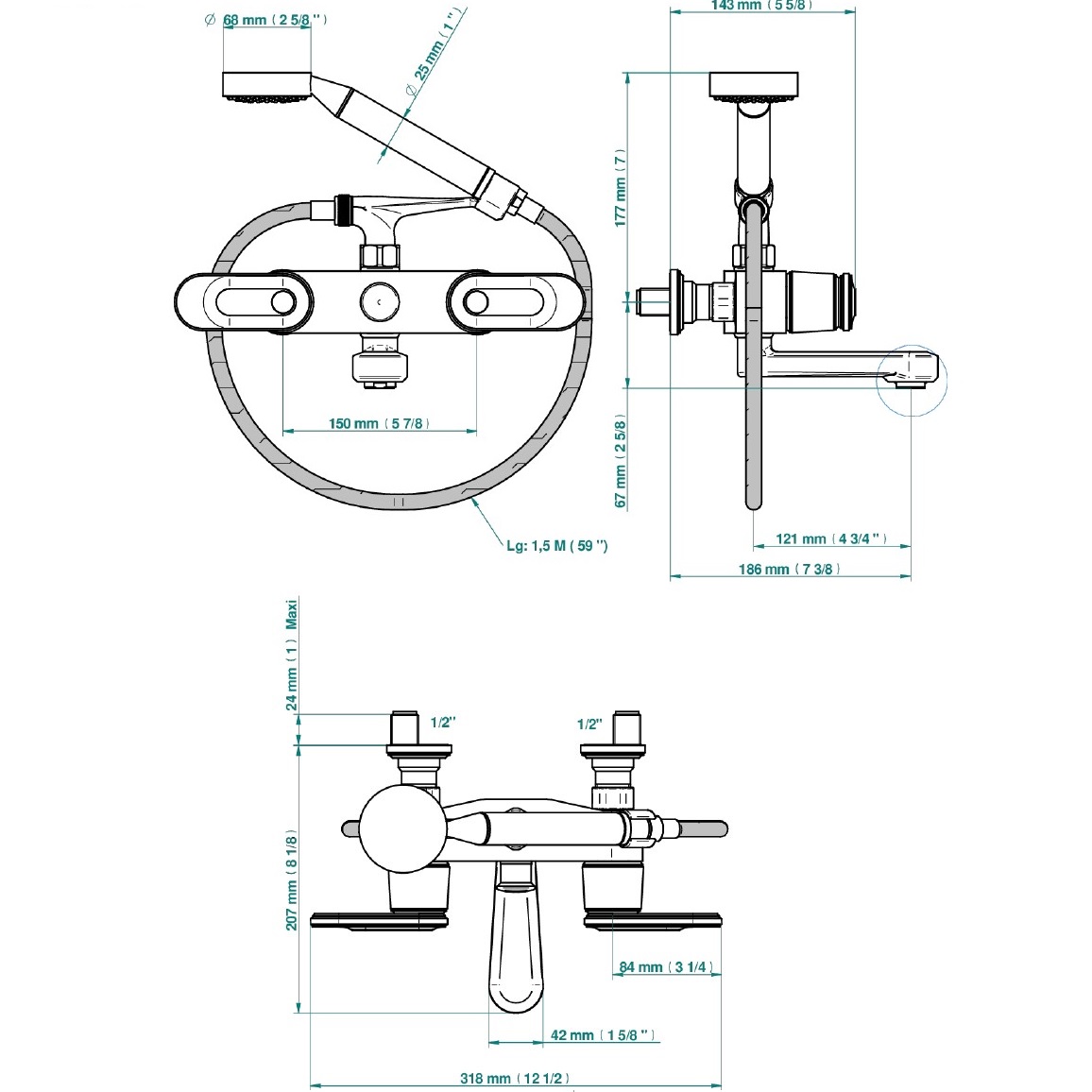 Смеситель для ванны настенный THG Corvair a manettes Fior di Bosco U8L-F01-13B (золотой), с ручным душем и шлангом