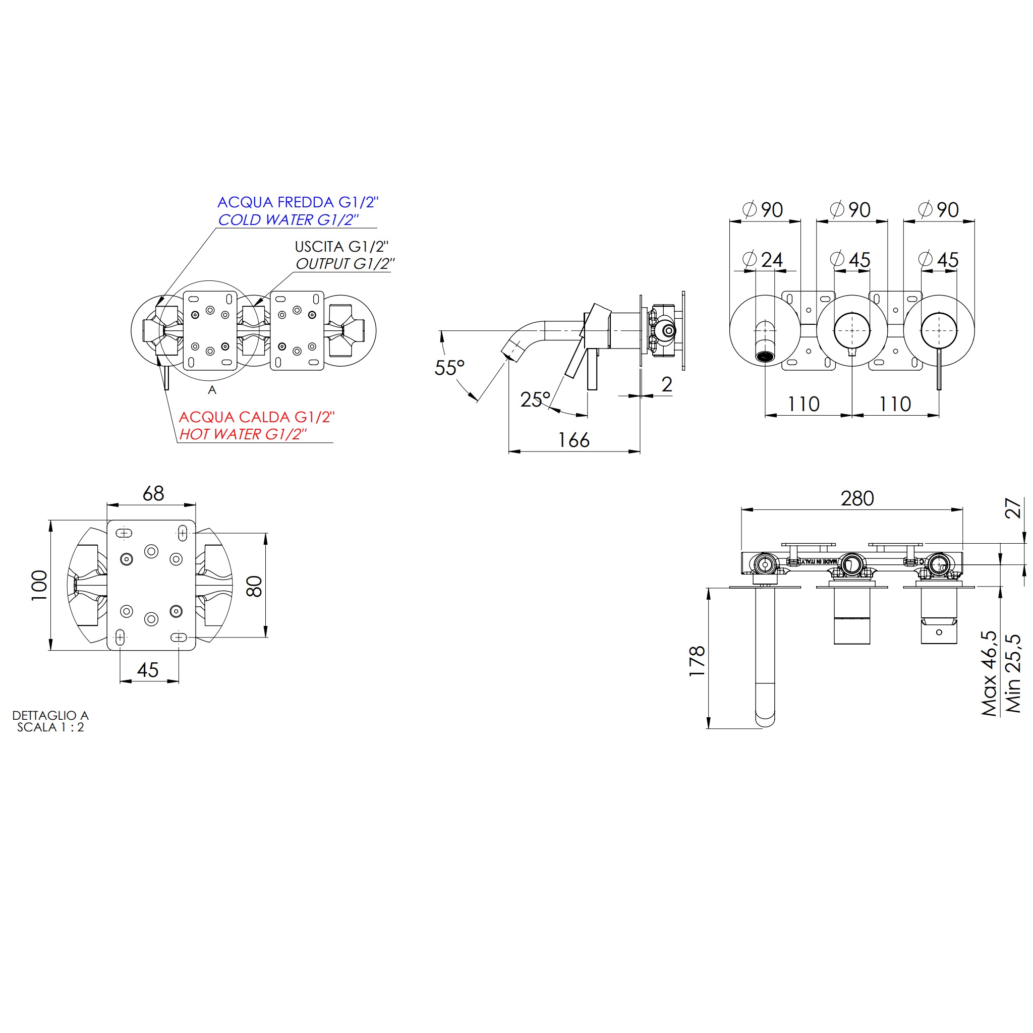 Смеситель для ванны скрытого монтажа Remer Metrica MC54D2PCFP (черный брашированный хром), с изливом