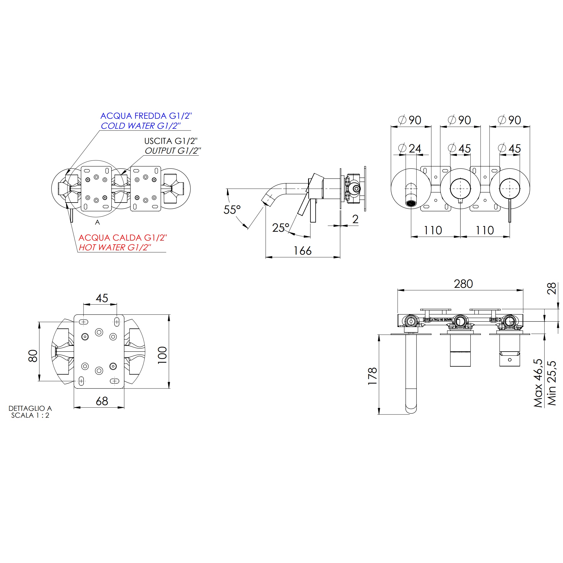 Смеситель для ванны скрытого монтажа Remer Metrica MC54D3PXV (сталь), с изливом
