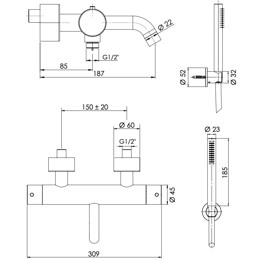 Смеситель для ванны Remer X Style Inox SSXT02 (сталь), с термостатом