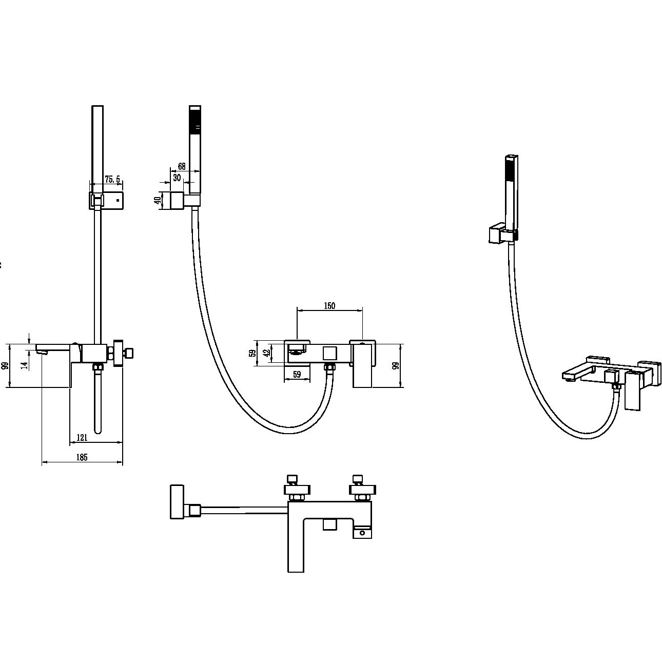 Смеситель для ванны с ручным душем Boheme Qubic 473-CB (медь брашированная), с изливом