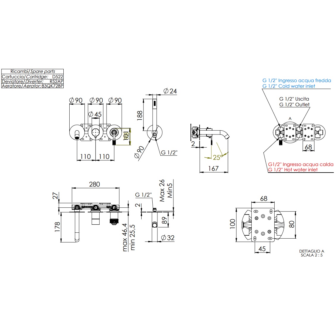 Смеситель для ванны скрытого монтажа Remer Atelier AL53D2P (хром)