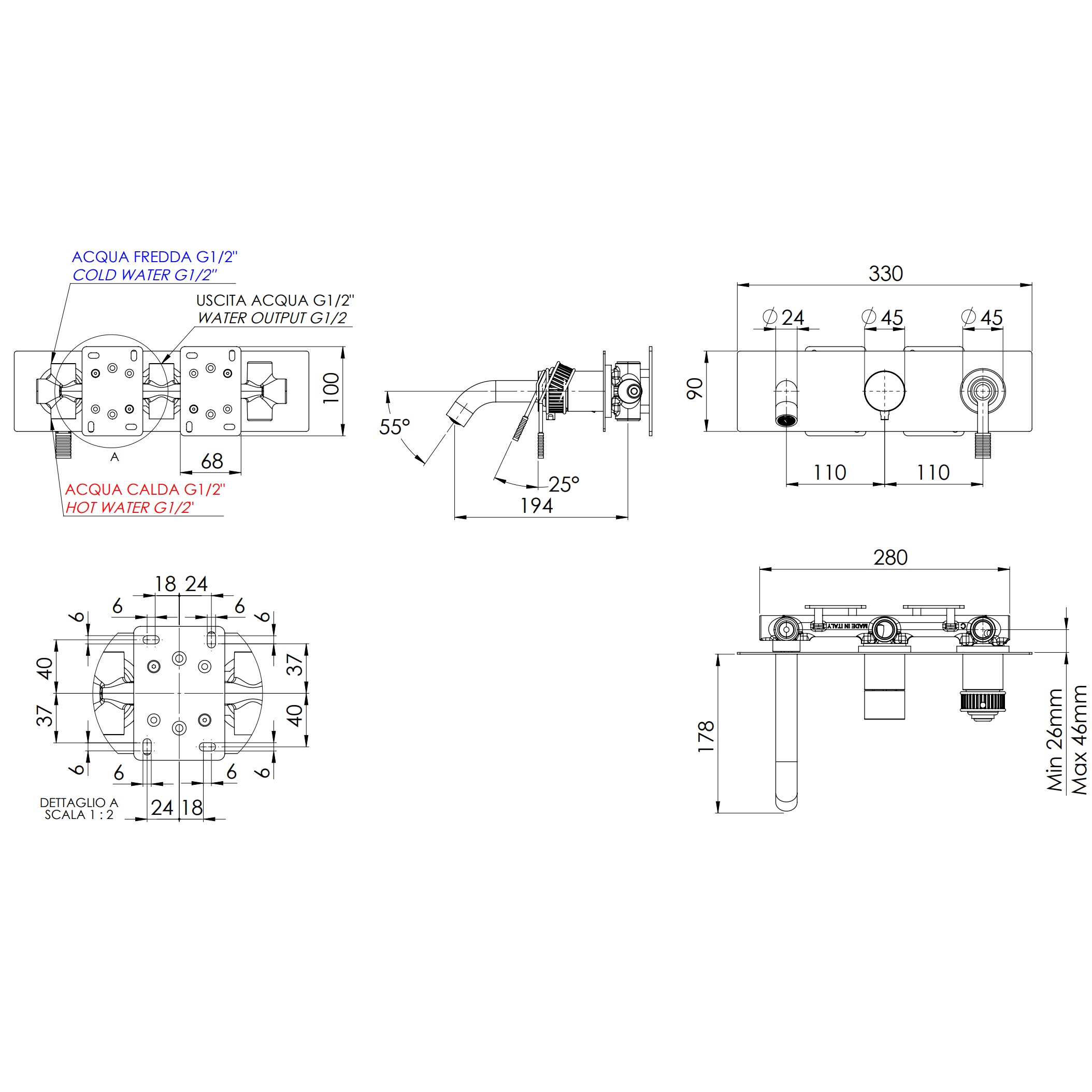 Смеситель для ванны скрытого монтажа Remer Atelier AL54D2BG (золото брашированное), с изливом
