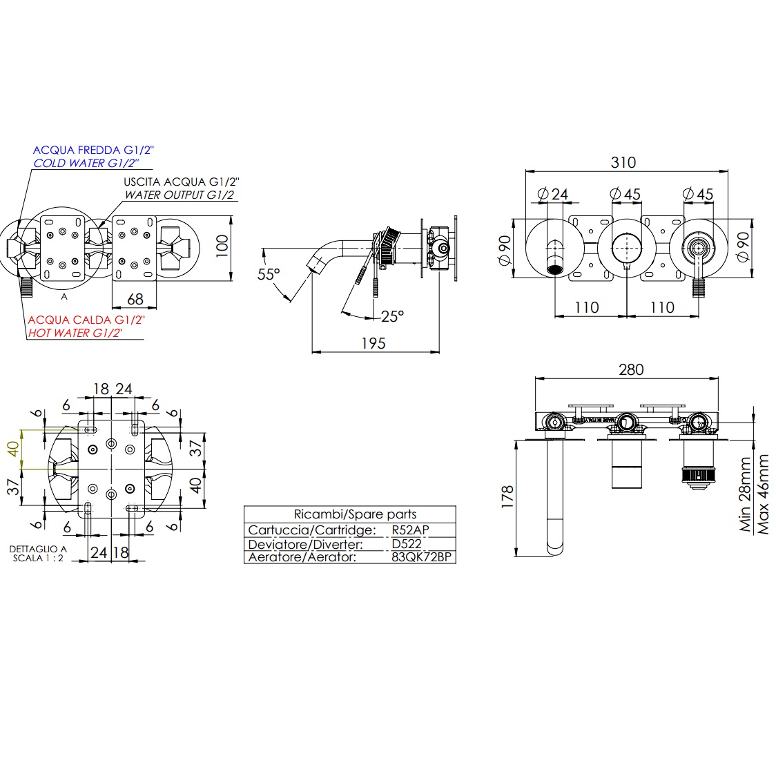 Смеситель для ванны скрытого монтажа Remer Atelier AL54D2PCFP (черный брашированный хром), с изливом