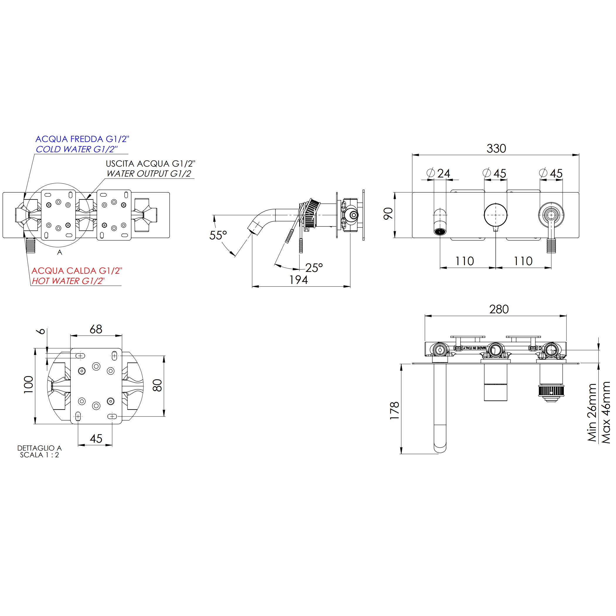 Смеситель для ванны скрытого монтажа Remer Atelier AL54D3 (хром), с изливом