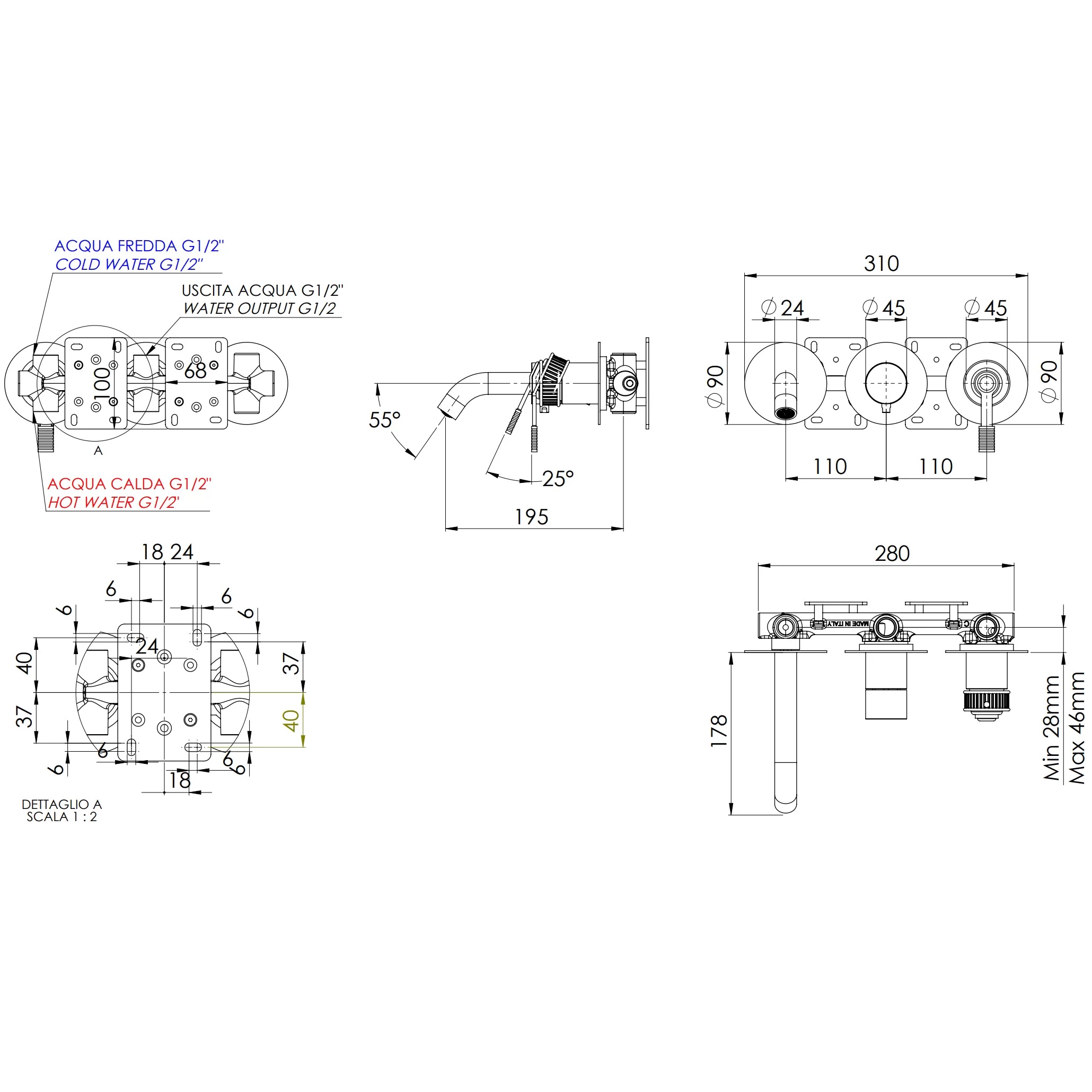 Смеситель для ванны скрытого монтажа Remer Atelier AL54D3P (хром), с изливом