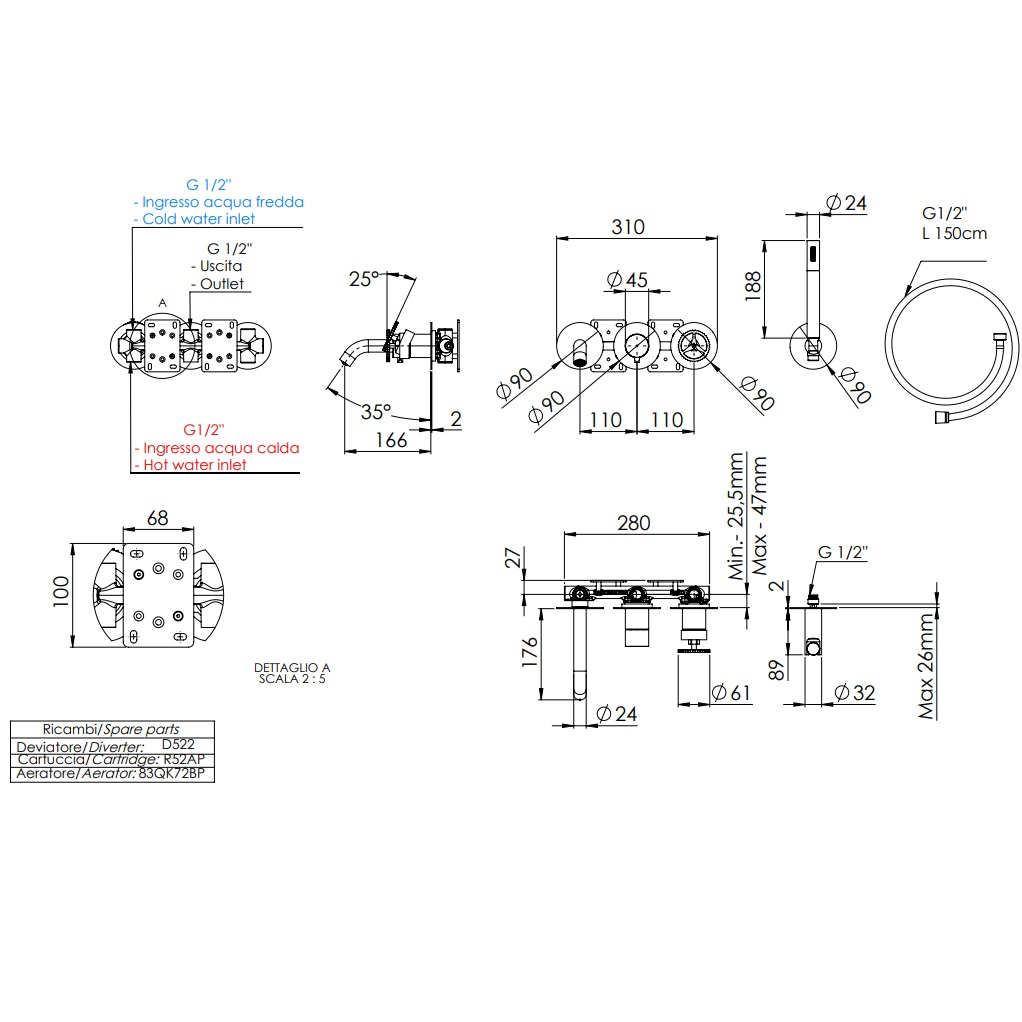 Смеситель для ванны скрытого монтажа Remer Chrono CH53D2PXV (сталь), с изливом