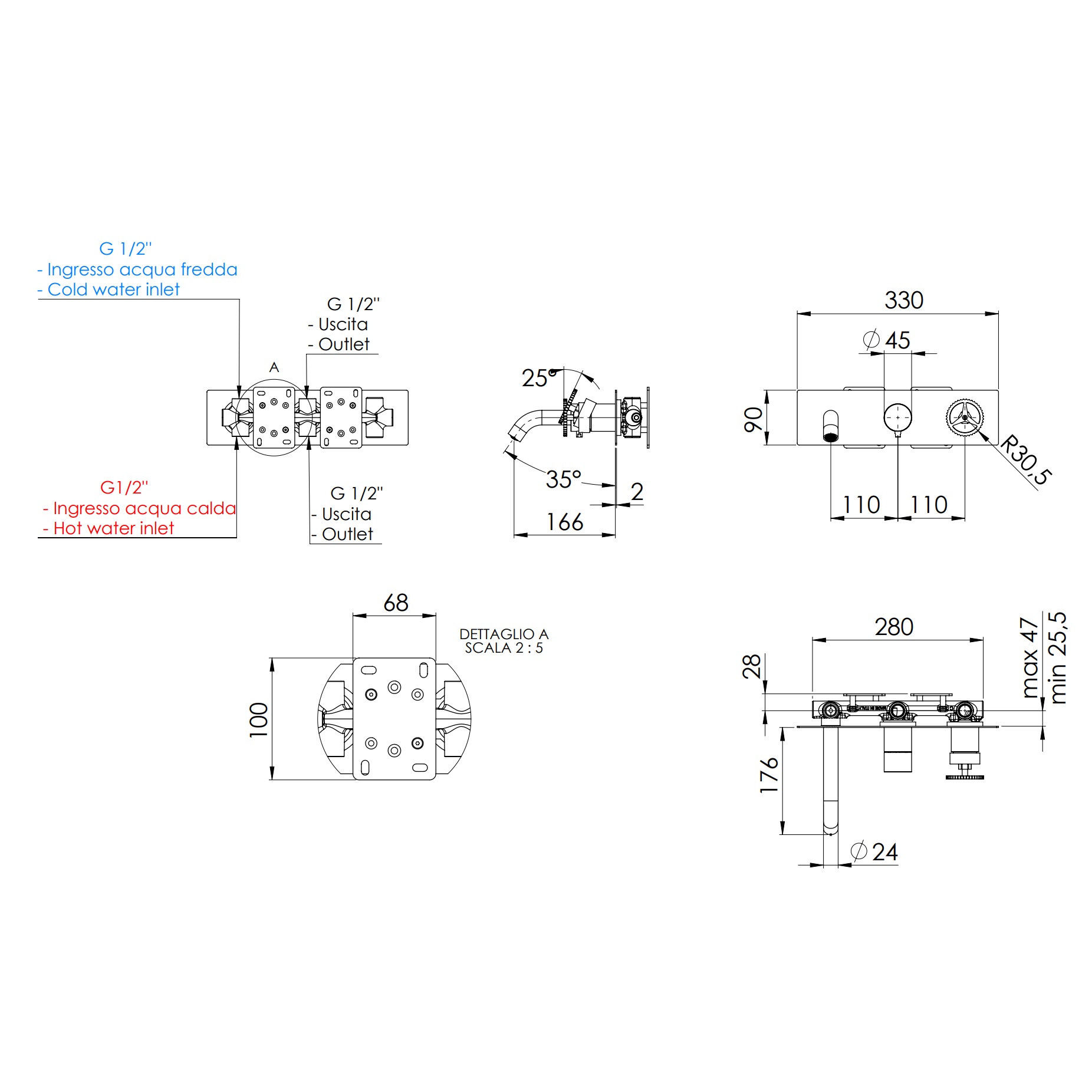 Смеситель для ванны скрытого монтажа Remer Chrono CH54D2BO (белый матовый), с изливом