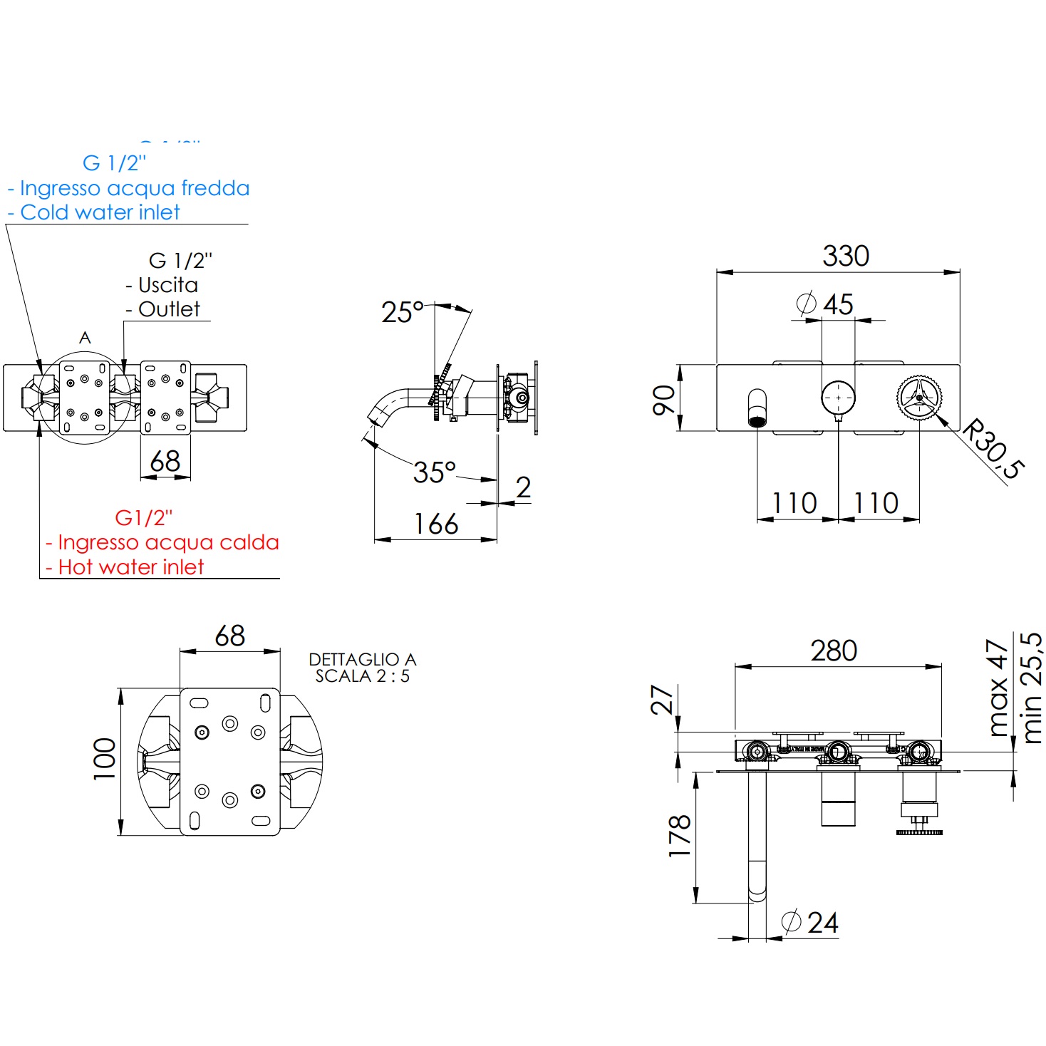 Смеситель для ванны скрытого монтажа Remer Chrono CH54D2NO (черный матовый), с изливом