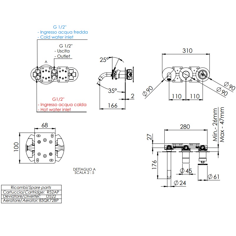 Смеситель для ванны скрытого монтажа Remer Chrono CH54D2PCFP (черный брашированный хром), с изливом