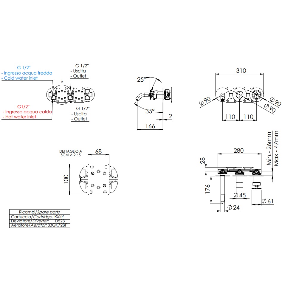 Смеситель для ванны скрытого монтажа Remer Chrono CH54D3PBG (золото брашированное), с изливом
