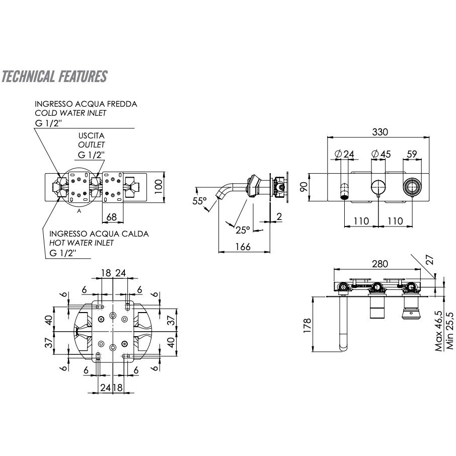 Смеситель для ванны скрытого монтажа Remer Element ET54D2BO (белый матовый), с изливом