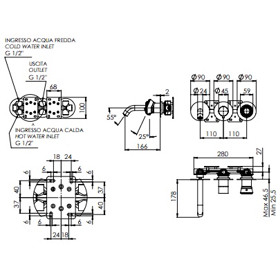 Смеситель для ванны скрытого монтажа Remer Element ET54D2P (хром), с изливом