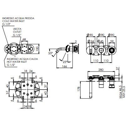 Смеситель для ванны скрытого монтажа Remer Element ET54D2PBO (белый матовый), с изливом