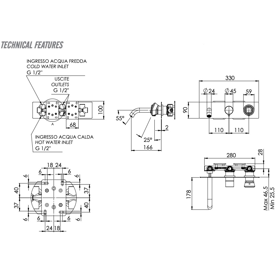 Смеситель для ванны скрытого монтажа Remer Element ET54D3DO (золотой), с изливом
