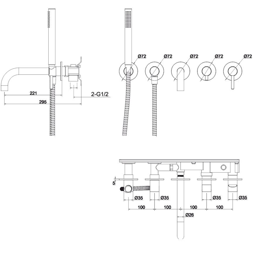Смеситель для ванны скрытого монтажа Whitecross Серия Y Y1240CR (хром), с изливом