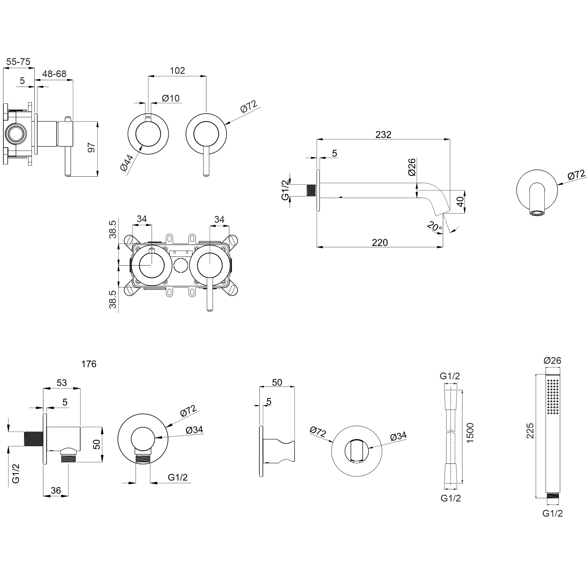 Смеситель для ванны скрытого монтажа Whitecross Серия Y YSET1240BL (черный матовый), с изливом