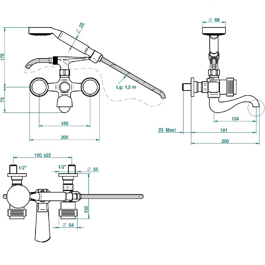 Смеситель для ванны THG Diplomate grooved rings U4B-G02-13B (хром, золотой), с изливом