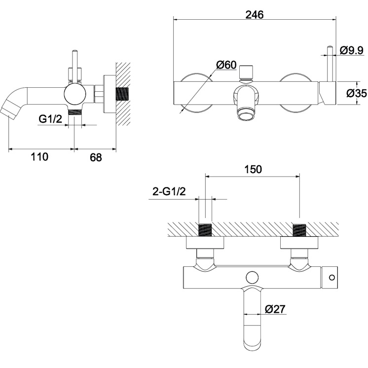 Смеситель для ванны Whitecross Серия Y Y1230NIB (никель брашированный), без душевого комплекта