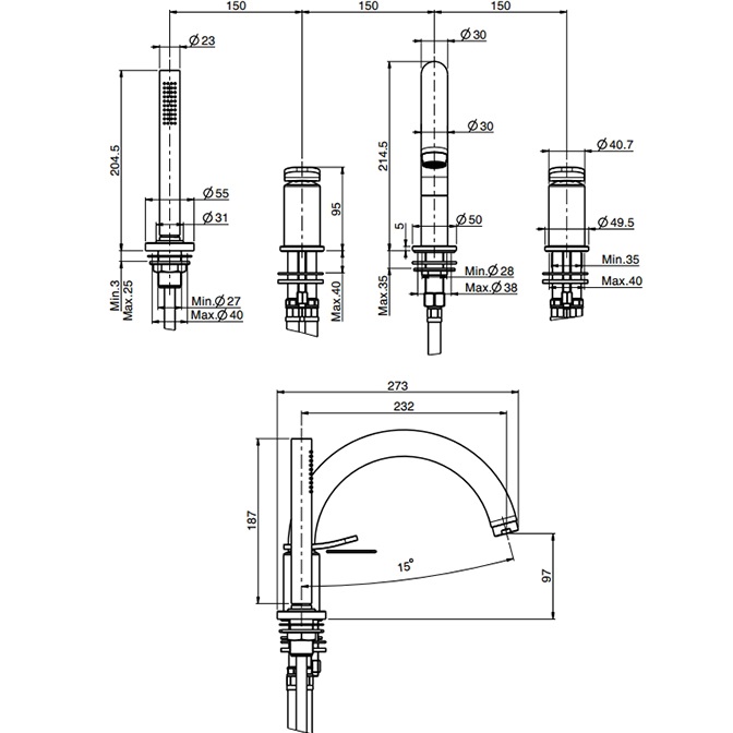Смеситель на борт ванны Fima Carlo Frattini Flo F3814NOR (золотой), с изливом