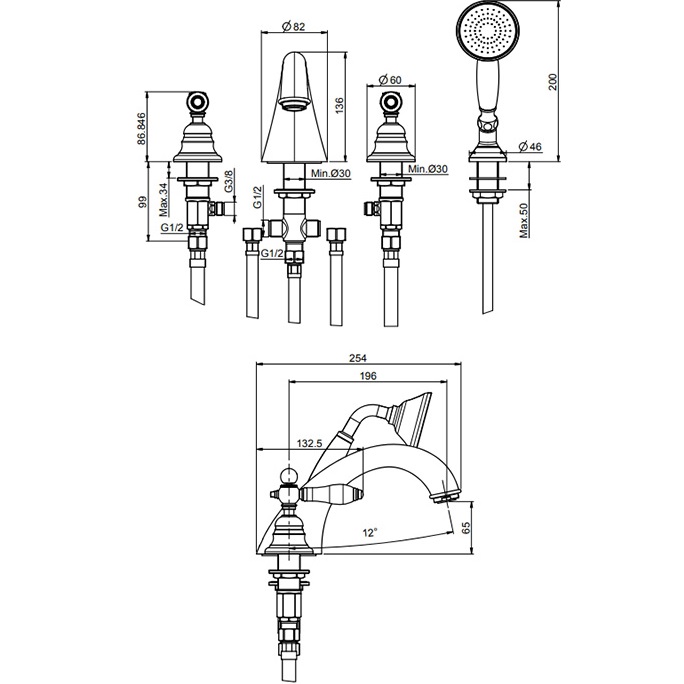 Смеситель на борт ванны Fima Carlo Frattini Herend F5414CNCR (хром, черные ручки), с изливом