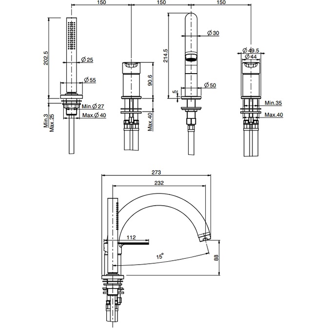 Смеситель на борт ванны Fima Carlo Frattini Mast F3144NNS (черный матовый), с изливом