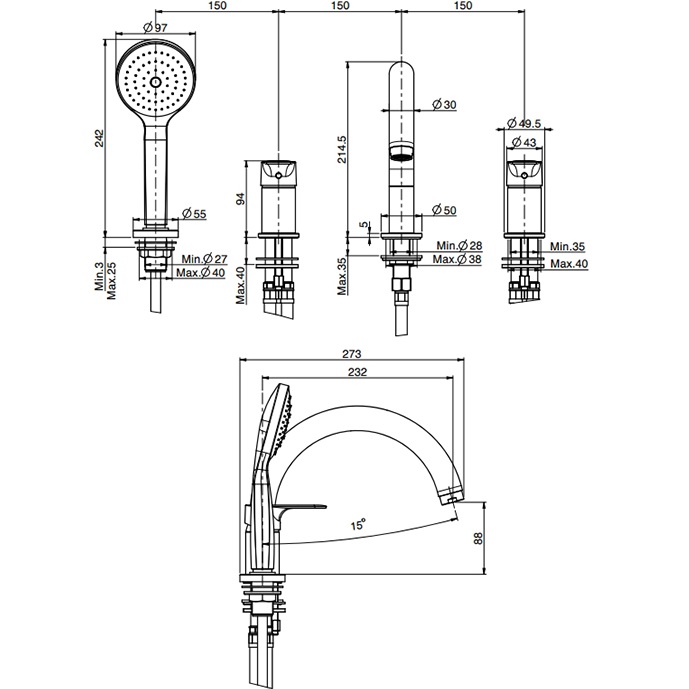Смеситель на борт ванны Fima Carlo Frattini Serie 22 F3844NCR (хром), с изливом