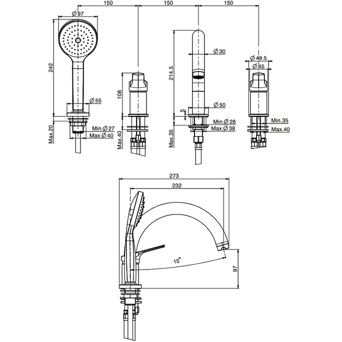 Смеситель на борт ванны Fima Carlo Frattini Serie 4 F3784/4NCR (хром), с изливом