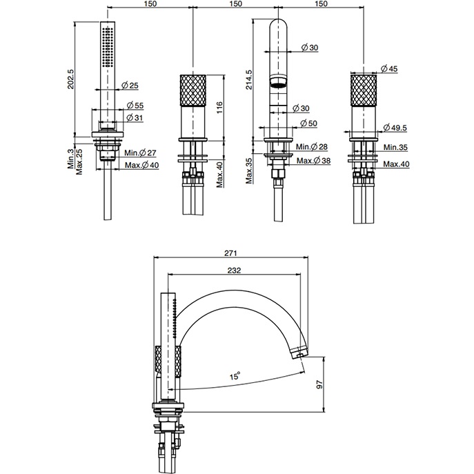Смеситель на борт ванны Fima Carlo Frattini Spillo Tech F3044TNXNS (черный матовый), с изливом