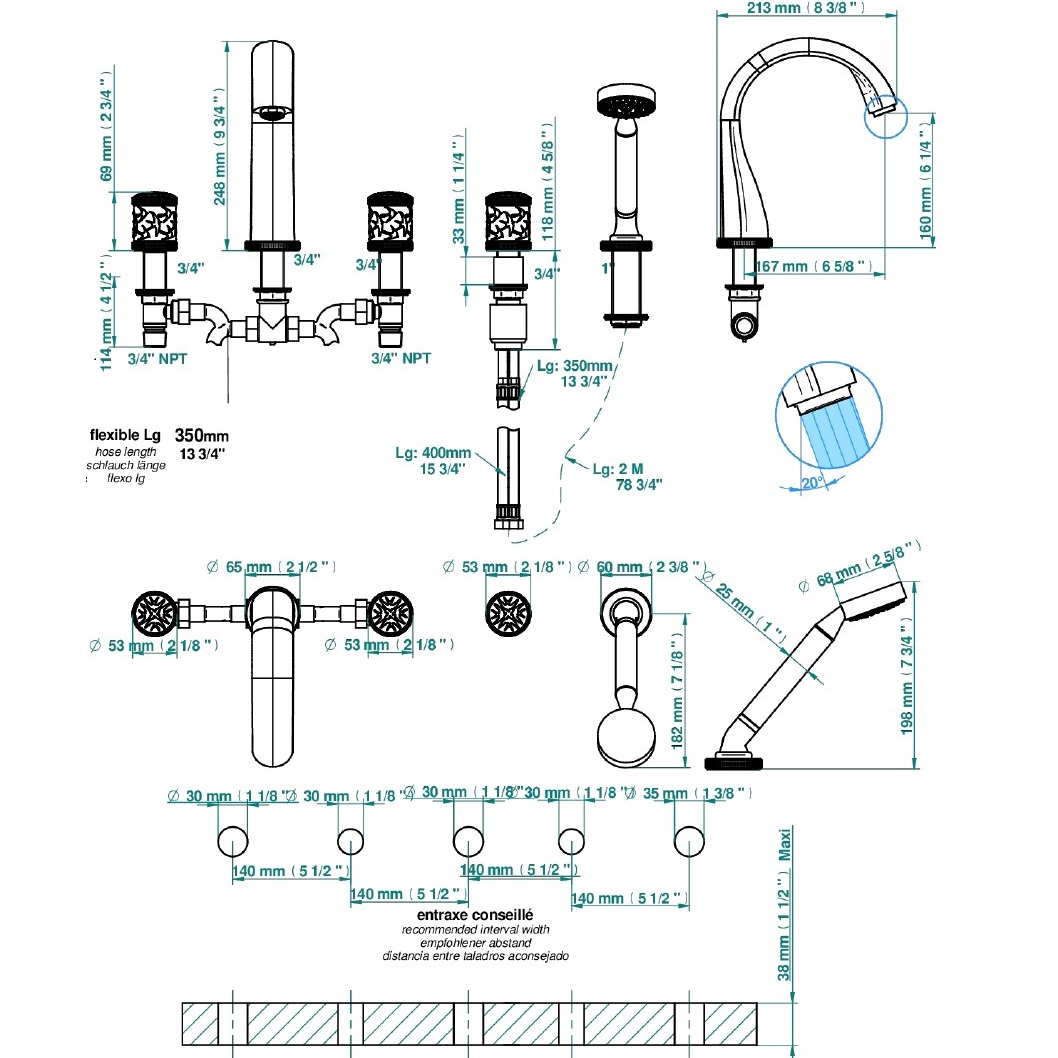 Смеситель на борт ванны THG Hirondelles A4J-F30-1132SG (золотой, прозрачный), с ручным душем