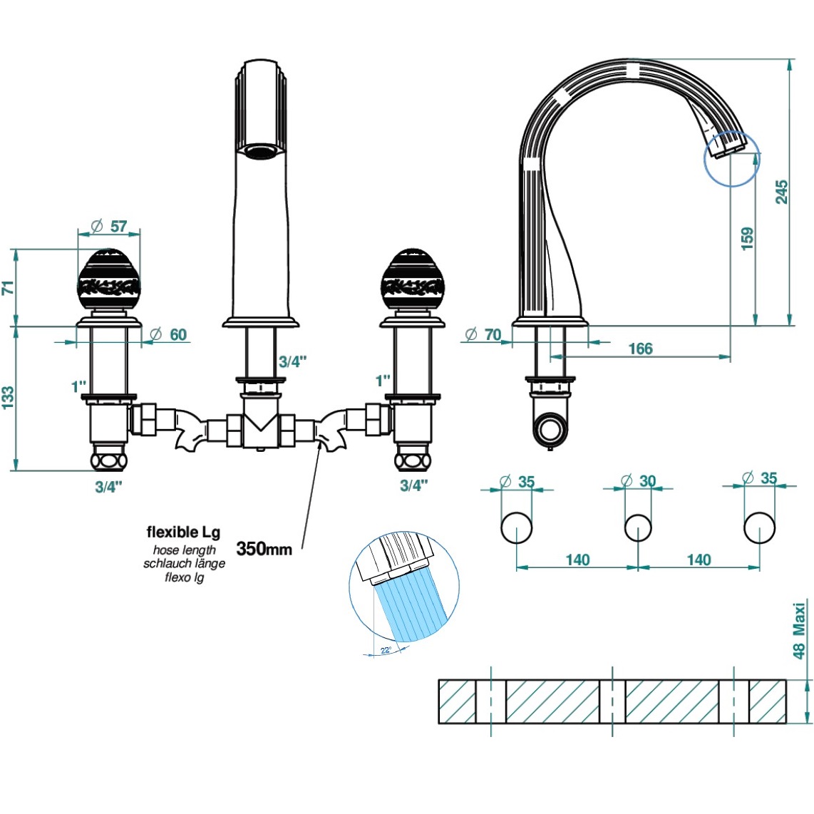 Смеситель на борт ванны THG Marquise porcelaine blanche A7G-A02-25SG (хром, платина, белый фарфор), с изливом