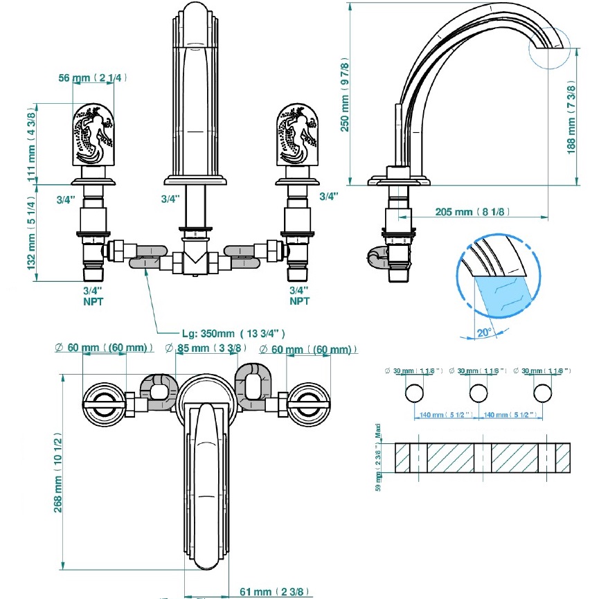 Смеситель на борт ванны THG Naiade A2F-F01-25SG (золотой), с изливом