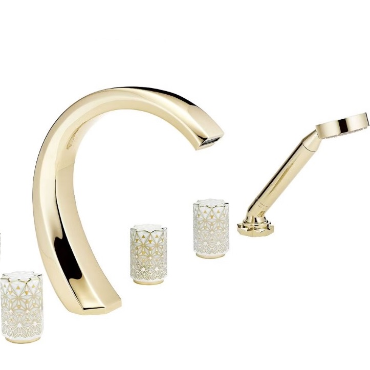 Смеситель на борт ванны THG Nihal Porcelaine Ivoire U2N-F30-1132SG (золотой, айвори), с ручным душем