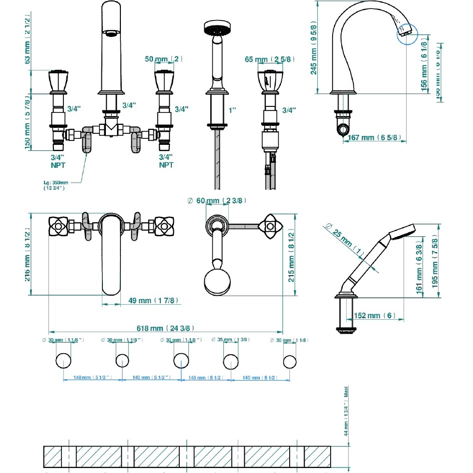 Смеситель на борт ванны THG Petale de Cristal clair lisere dore U6E-F01-1132SG (золотой, прозрачный хрусталь), с изливом, с ручным душем