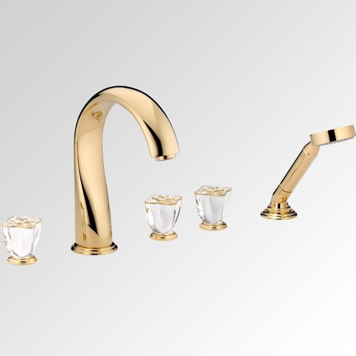 Смеситель на борт ванны THG Petale de Cristal clair lisere dore U6E-F01-1132SG (золотой, прозрачный хрусталь), с изливом, с ручным душем