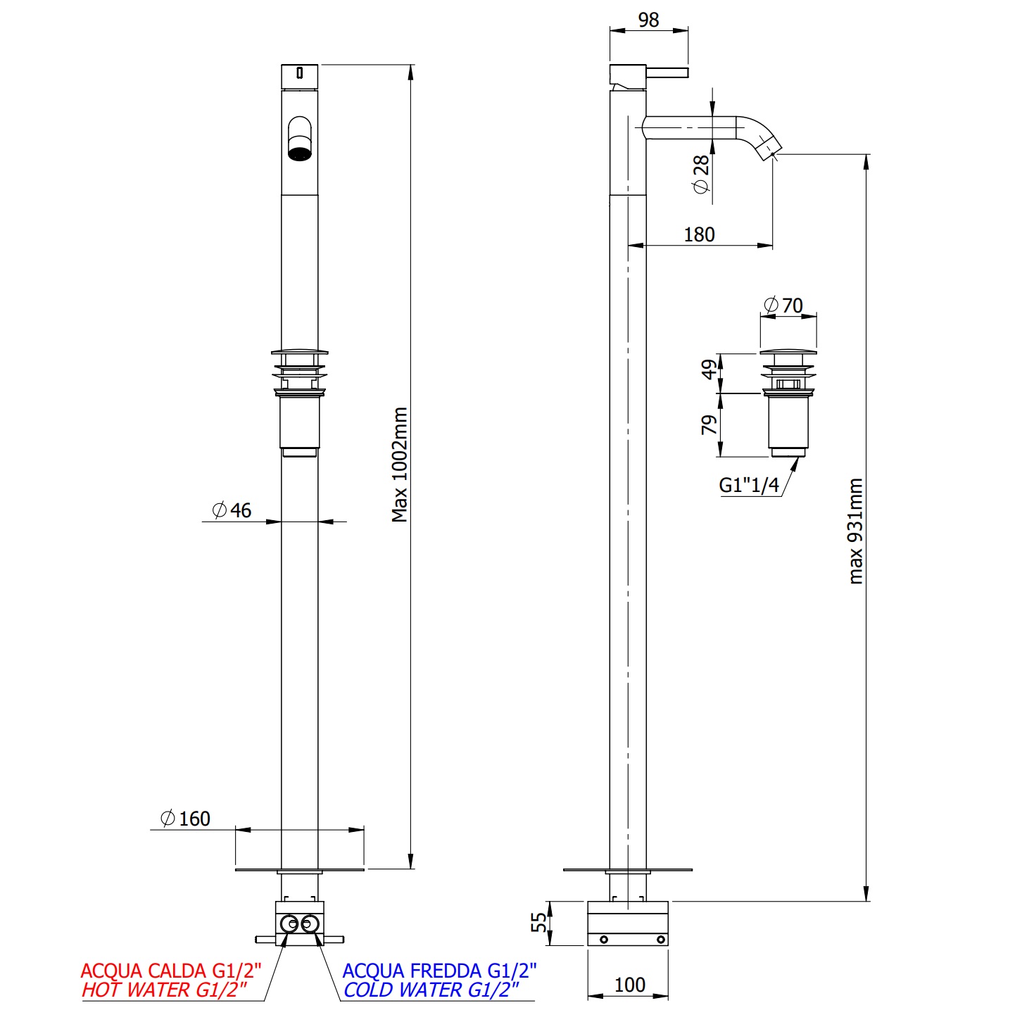 Смеситель напольный для раковины Remer Metrica MC18BG (золото брашированное), с донным клапаном