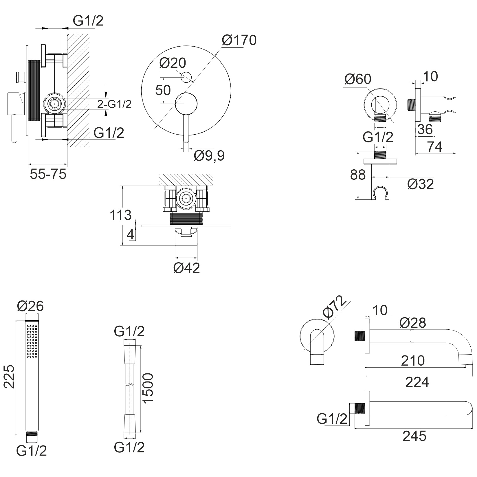 Смеситель с душевым комплектом для ванны скрытого монтажа Whitecross Серия Y YSET06GL (золотой), с изливом
