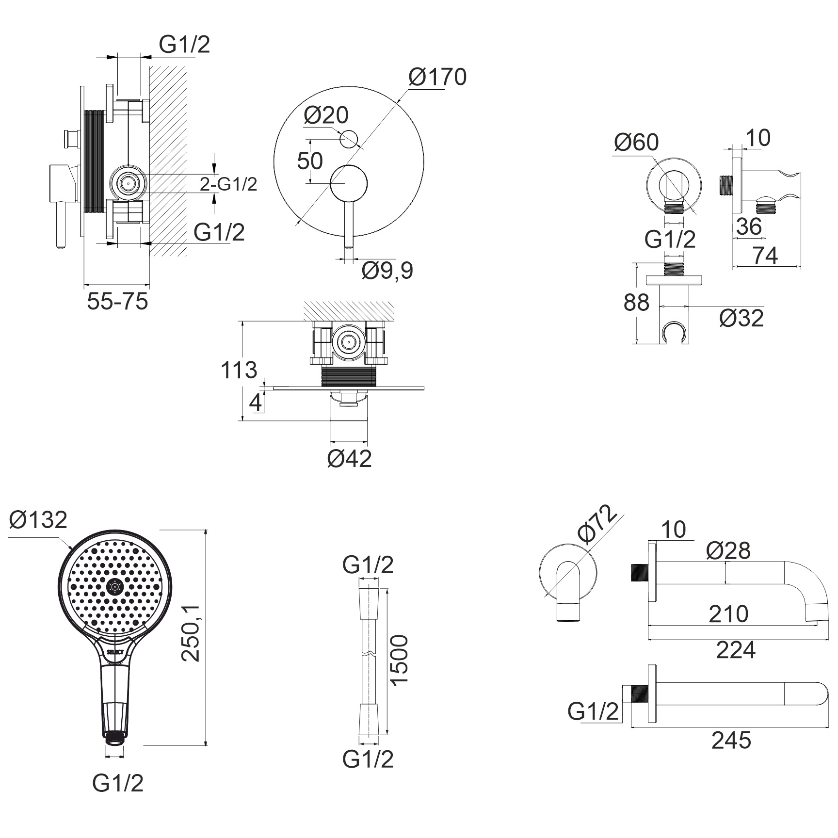 Смеситель с душевым комплектом для ванны скрытого монтажа Whitecross Серия Y YSET06TOPNIB (никель брашированный), с изливом