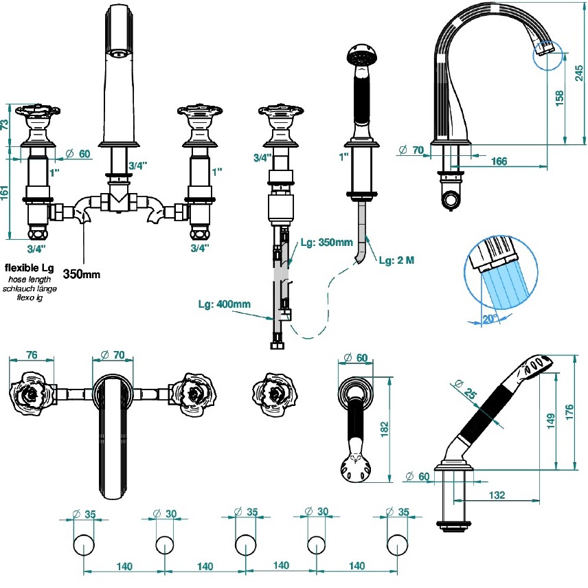 Смеситель встраиваемый на борт ванны THG Rose U5J-F01-1132SG (золотой, розовый), с изливом