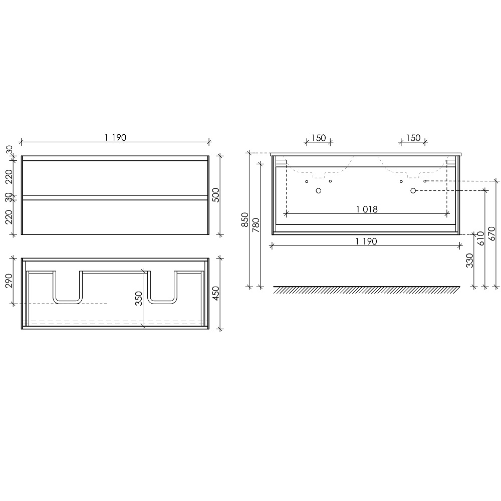 Тумба подвесная Sancos Cento CN120-2W 119х45х50 (белый), глянец, для раковины с 2 чашами