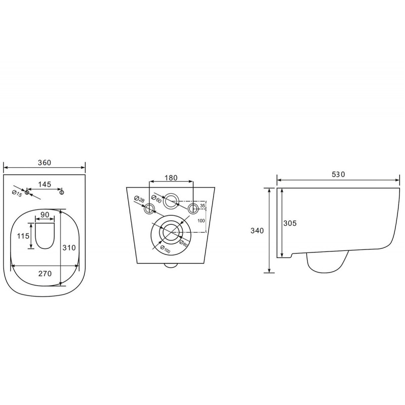 Унитаз подвесной Abber Bequem AC1104MB 53x36x34 (черный матовый), безободковый