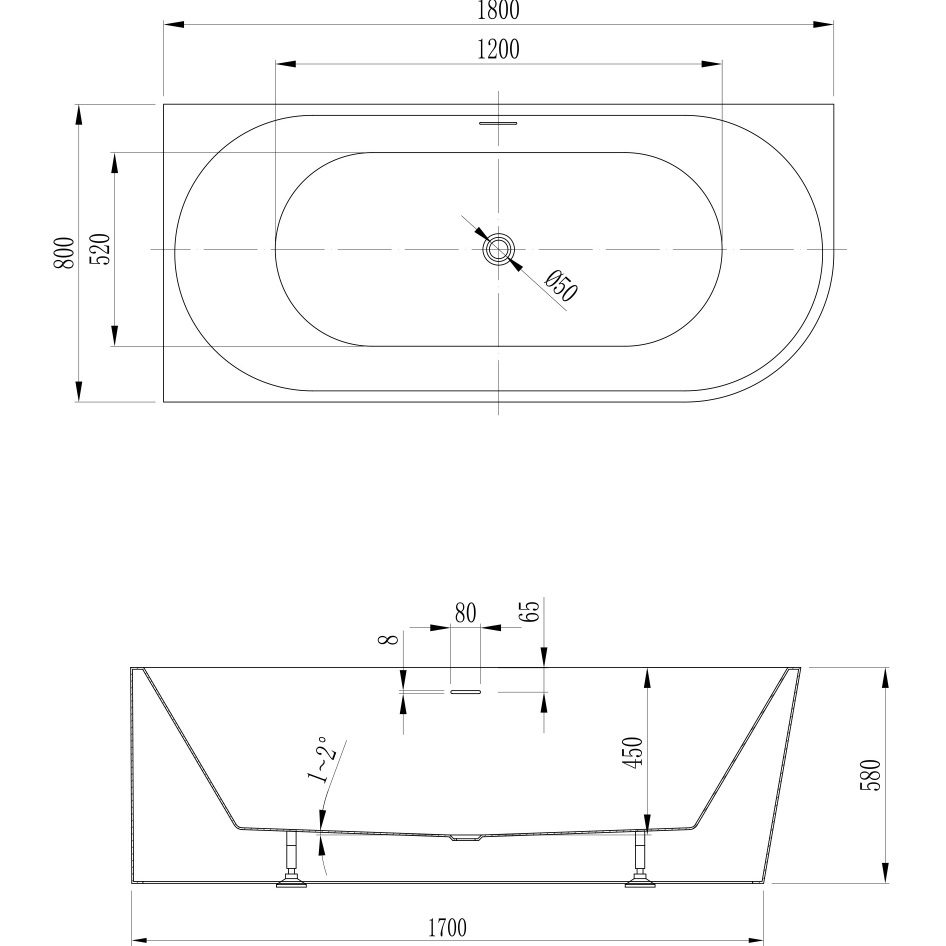 Ванна акриловая, пристенная Abber AB9502-1.8 L 180x80x58 (белый), левая, слив-перелив