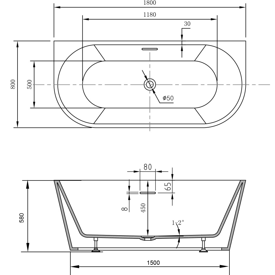 Ванна акриловая, пристенная Abber AB9503-1.8 180x80x58 (белый), слив-перелив