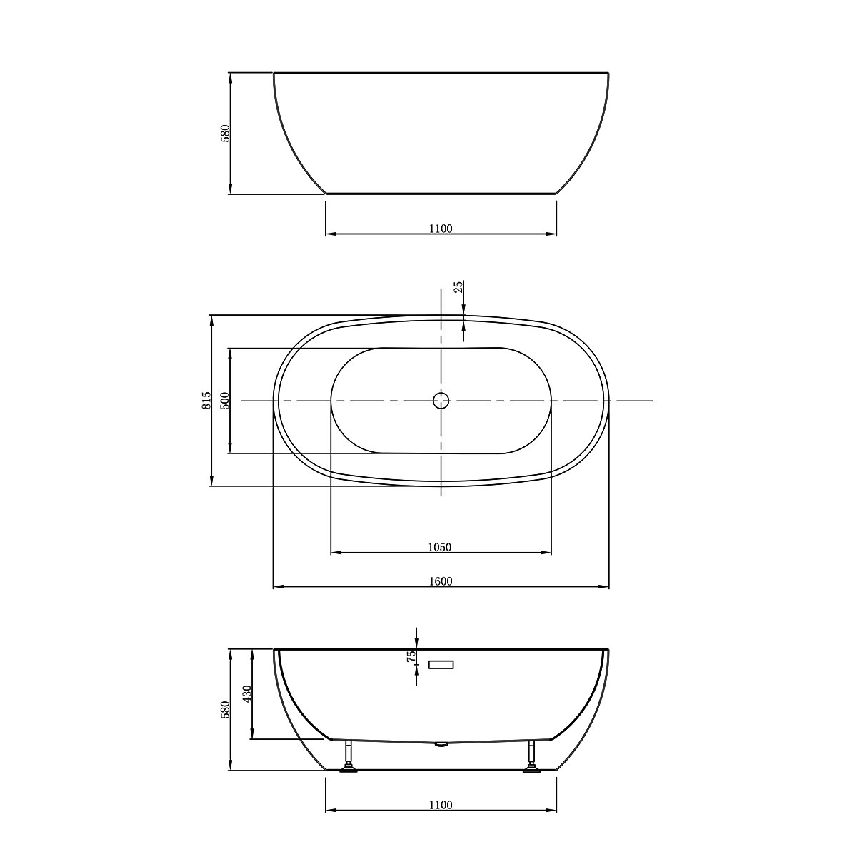 Ванна акриловая отдельностоящая Vincea VBT-408-1600 160х81.5 (белый), щелевой перелив в комплекте 