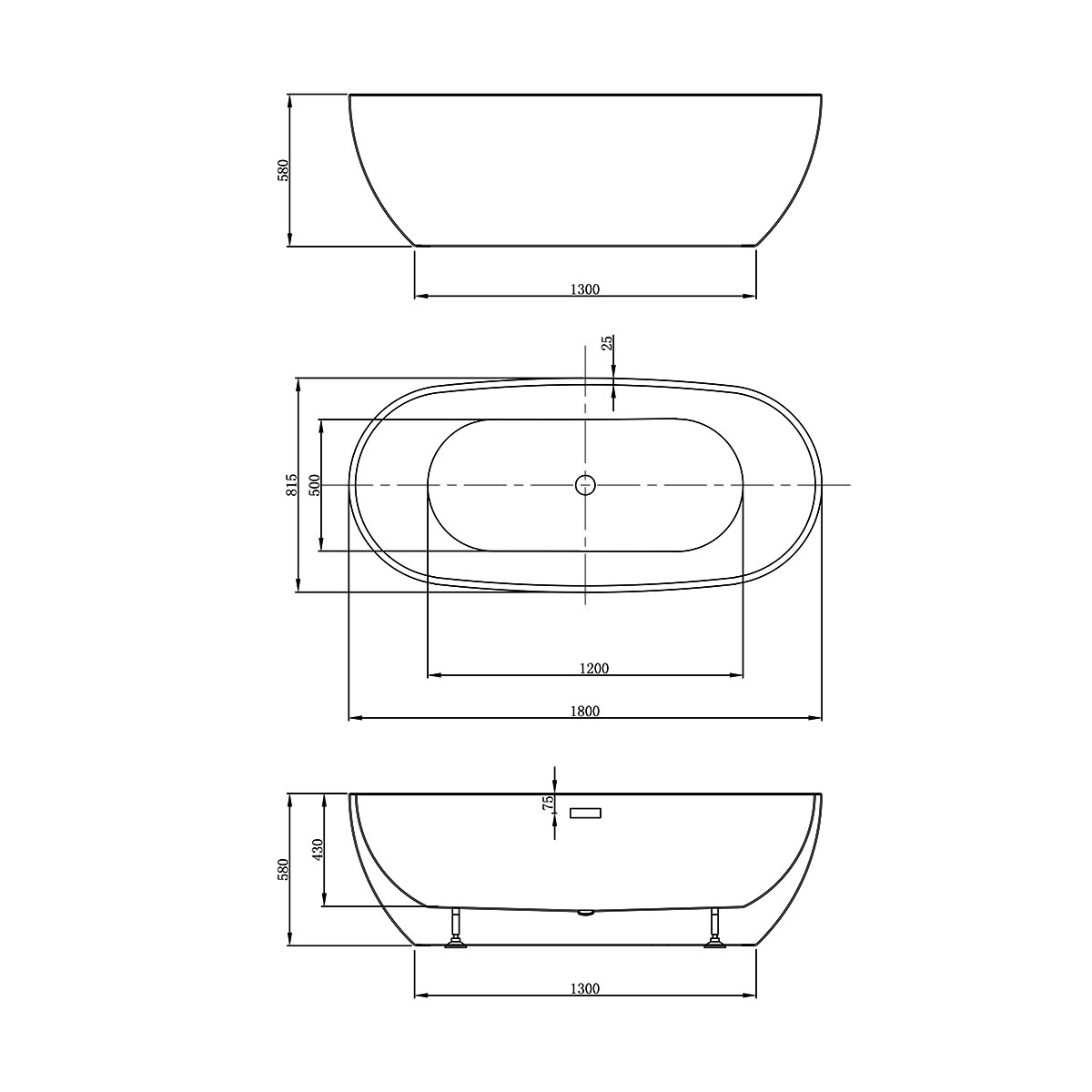 Ванна акриловая отдельностоящая Vincea VBT-408-1800 180х81.5 (белый), щелевой перелив в комплекте