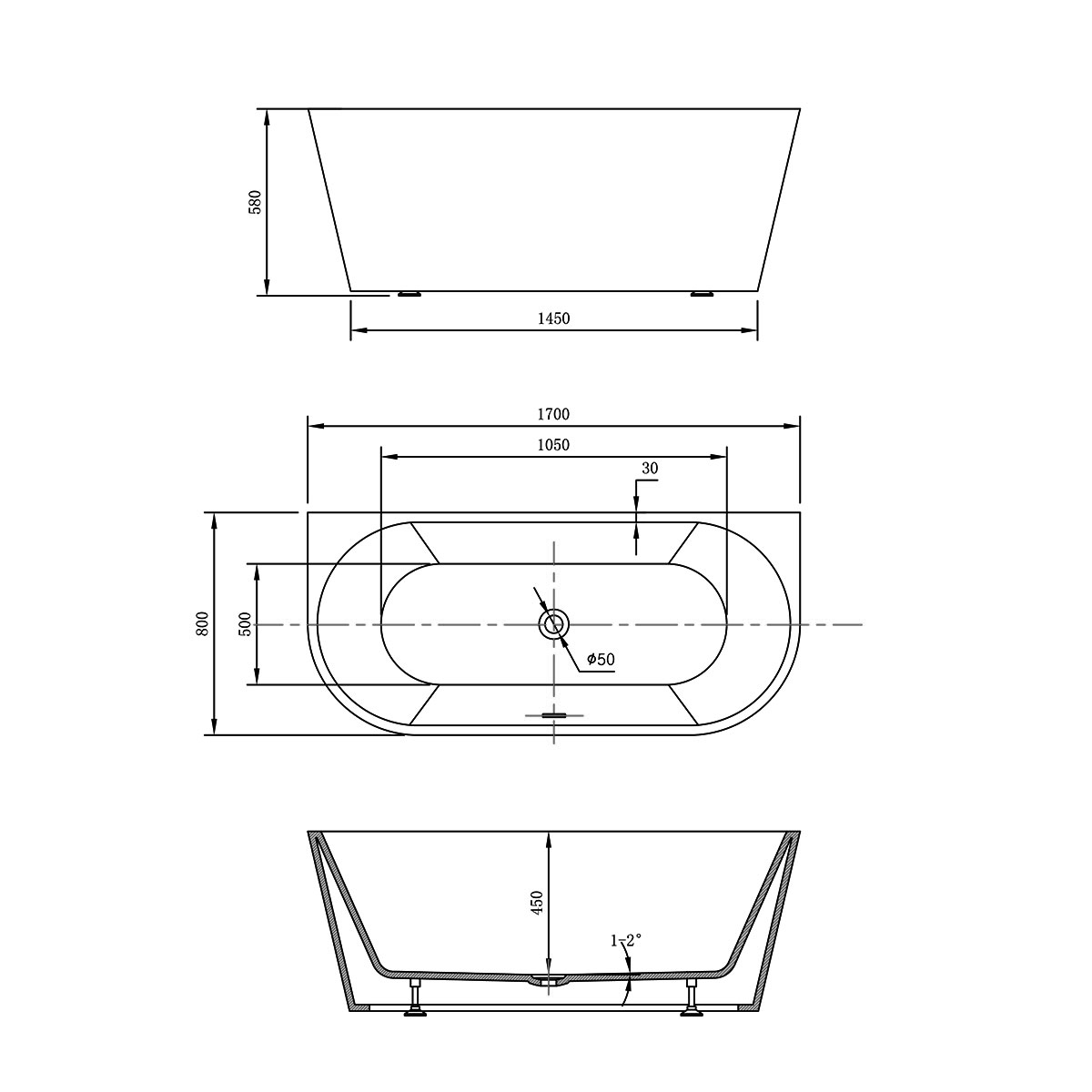 Ванна акриловая отдельностоящая Vincea VBT-421-1700 170х80 (белый ), щелевой перелив в комплекте