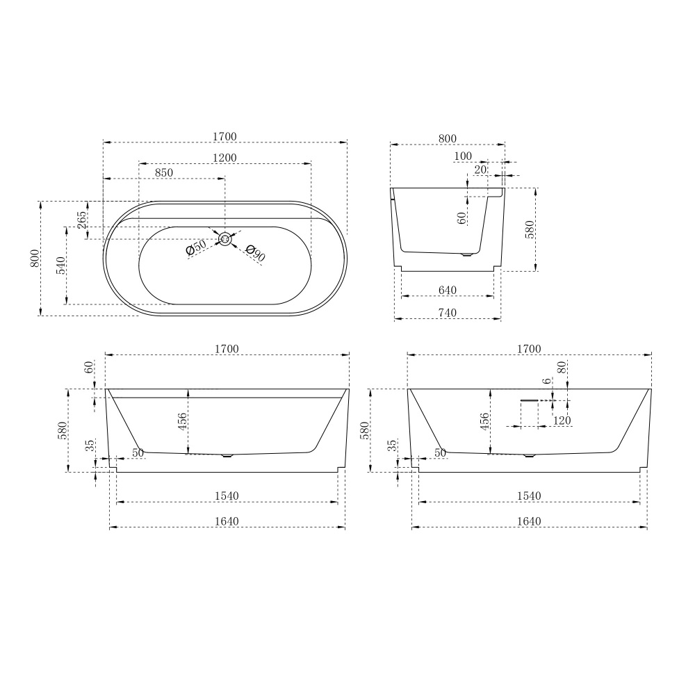 Ванна акриловая отдельностоящая ABBER  AB9444MW 170x80x58 (белый матовый), слив-перелив