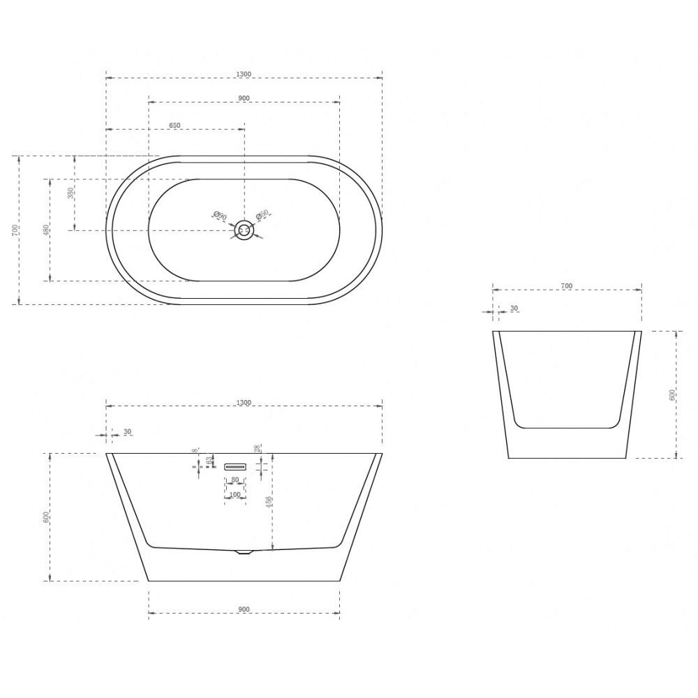 Ванна акриловая отдельностоящая Abber AB9203-1.5 150x80x60 (белый), слив-перелив